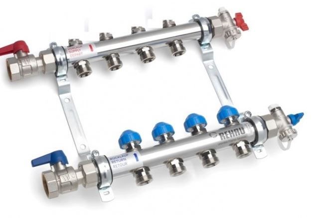 REHAU розподільчий колектор HKV 02 з 2 виходами, латунь, тиск до 10 бар, Німеччина, крани та можливість встановлення витратомірів